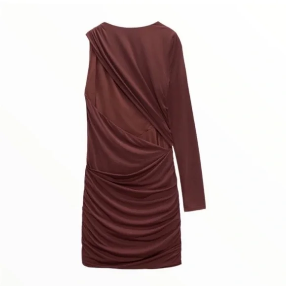 NWT Zara Asymetrical Long Sleeve Brown Dress - Picture 4 of 6